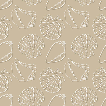 Sea ocean pattern with seashells on the sand beach, beige background.