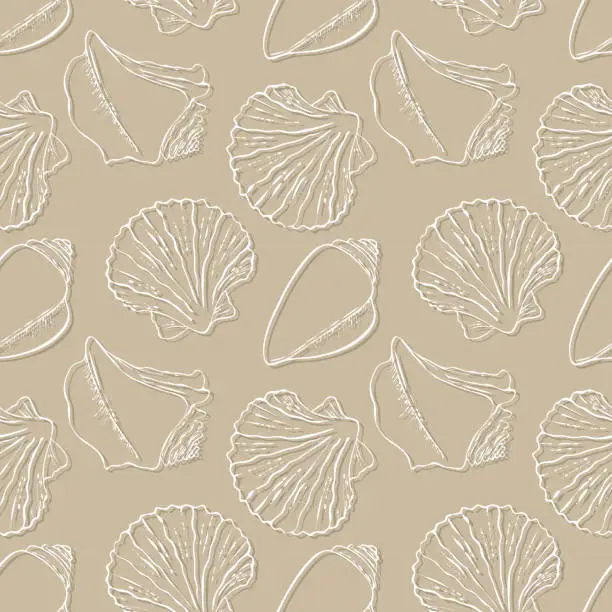 Vector illustration of Sea ocean pattern with seashells on the sand beach, beige background.