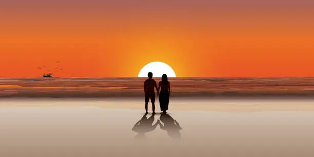 Vector illustration of Couple of lover hand holding at the beach with sunset background vector illustration. Journey of sweetheart concept flat design.