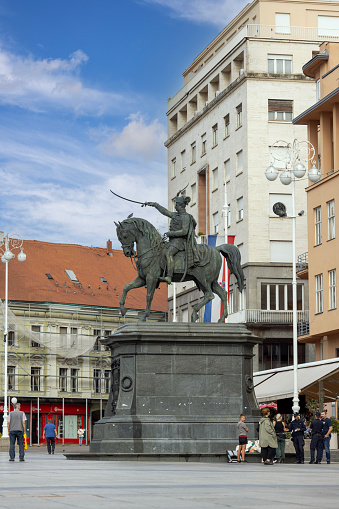 Zagreb, Croatia - September 23, 2023: Ban Jelacic statue at Ban Jelacic Square, central square of the city. It is surrounded by Art Nouveau and Modernist buildings