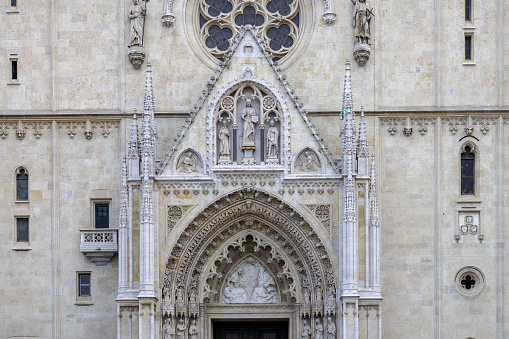 Zagreb, Croatia - September 23, 2023: Main facade with entrance of gothic Zagreb Cathedral, Roman Catholic church located at Kaptol (Upper Town)
