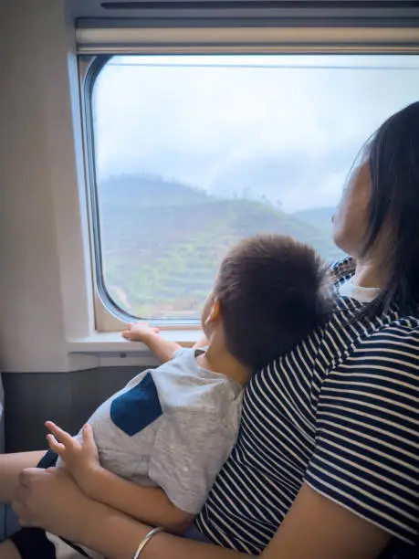 In a heartwarming scene, toddler sitting contentedly on his mother's lap as they embark on a train adventure, gazing out the window at passing landscapes. Perfect for projects celebrating family travel and the simple joys of shared experiences