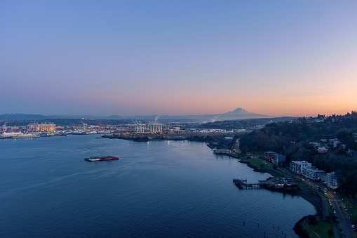 Aerial view of Mount Rainier and West Seattle at sunset in December