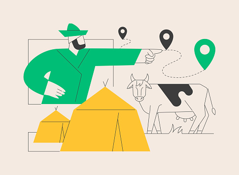 Nomadism abstract concept vector illustration. Without fixed habitation, rural nomad, hunters gatherers pastoral, non-sedentary people, movement, inside tents, riding a horse abstract metaphor.