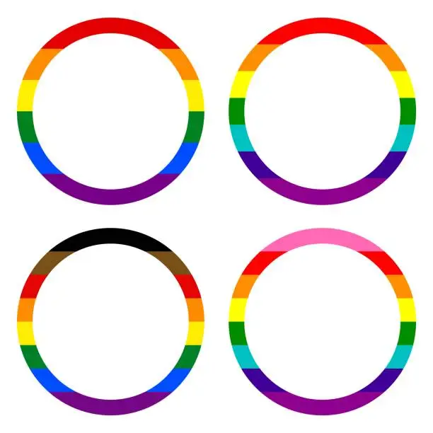 Vector illustration of Rainbow colors striped circle frames set,LGBT flag colors circle frames  vector illustration.Template border.