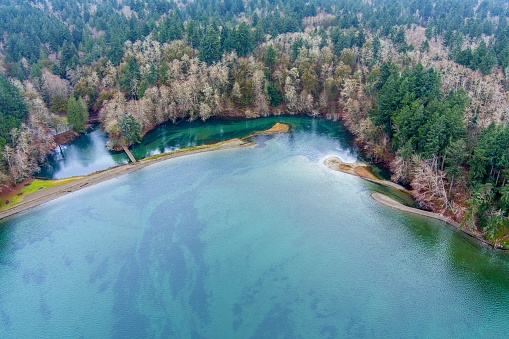 Aerial view of Tolmie State Park, Olympia, Washington in December
