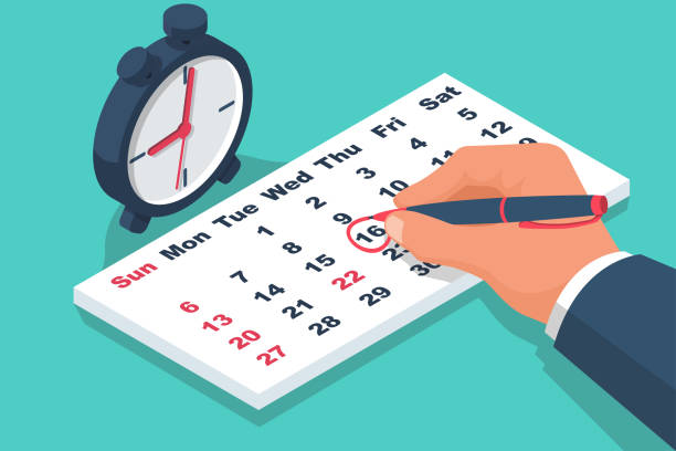 istock Time planning concept. Businessman stands on a big calendar is planning a job. 1916997686