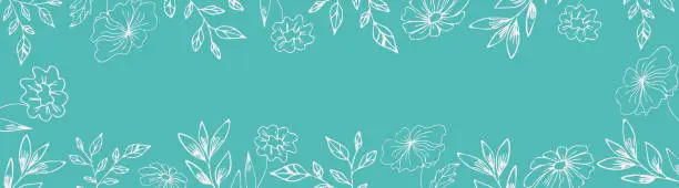 Vector illustration of Floral background. Banner with flowers and leaves on a mint background. Template for social networks, poster.