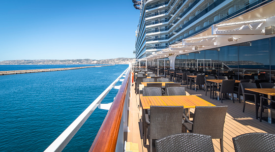 View of the promenade deck of the MSC Seaside, a cruise ship belonging to MSC Cruises, on July 11, 2021.