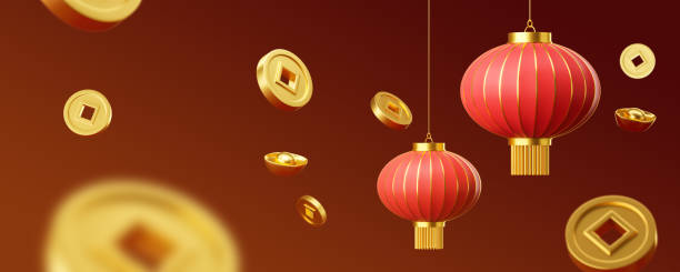 istock Hanging asian red lanterns and gold lucky coins falling on red background 1917009950