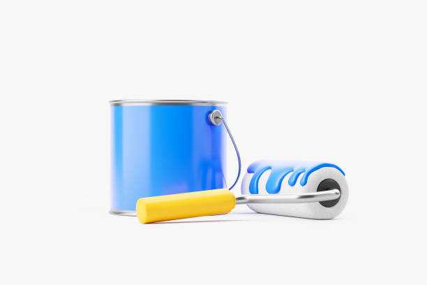 istock Paint roller and metal blue paint bucket on white background 1917010461
