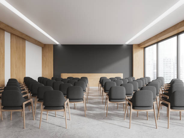 istock Modern audience interior with grey chairs in row and panoramic window 1917011005
