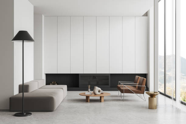 istock Modern hotel living room interior with armchair and couch, panoramic window 1917013205