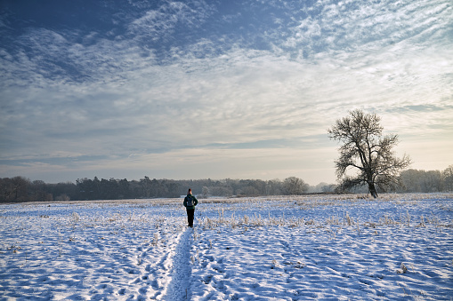 Idyllic winter landscape with man hiking on a beautiful snowy day.