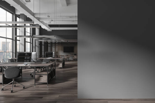 istock Grey office interior with coworking and conference space, window. Mock up wall 1917014250