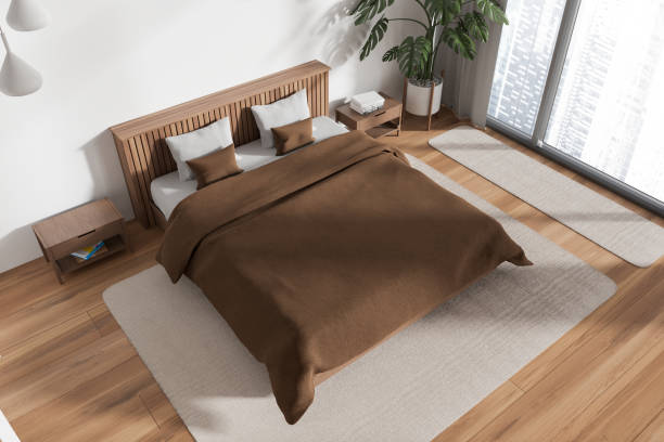 istock Top view of modern home bedroom interior with bed and panoramic window 1917018522