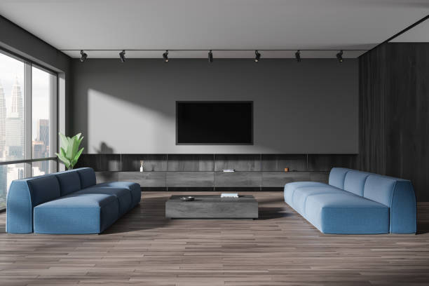 istock Gray living room interior with TV and sofas 1917019608