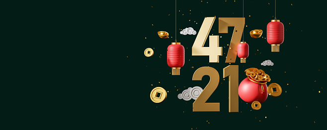 Chinese New Year celebration postcard template with copy space, 4721, Red lanterns and golden qian coins and numbers, dark green background. 3d render, illustration