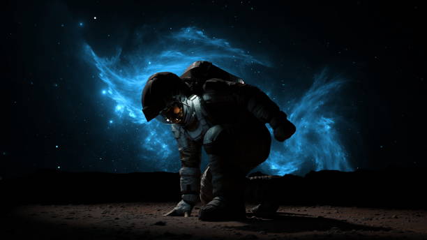 Astronaut touches ground with his hand on planet. Red planet Mars exploration. Stars, galaxies and nebulae above cosmonaut. 3d render