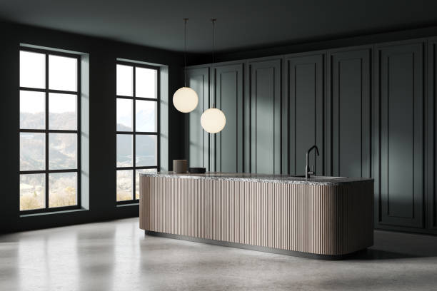 istock Green traditional kitchen interior with bar island and panoramic window 1917024479
