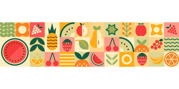 Vector illustration of Geometry mosaic fruit seamless border. Vector abstract minimal summer fruits and berries repeat banner