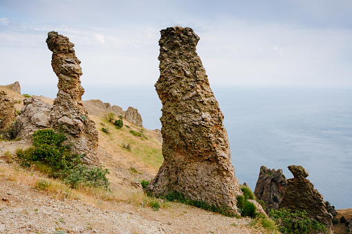 Karadag mountain range in Crimean peninsula, an ancient extinct volcano. Location Kara Dag (Black Mount), coastal town of Koktebel. Unique place on earth. Explore the world's beauty and wildlife.