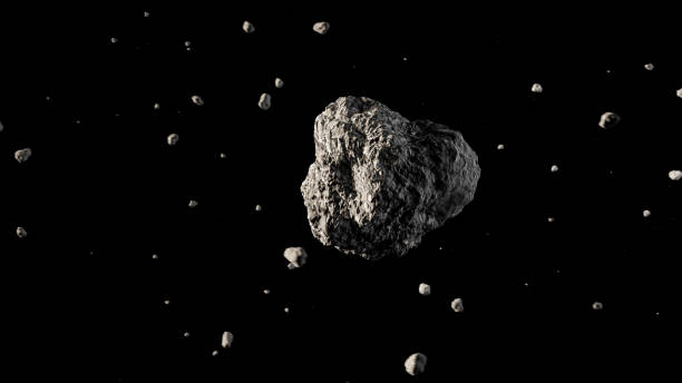 A large asteroid flying in outer space with small fragments. A large asteroid flying in outer space with small fragments. Threat of an asteroid impact. Dangerous space object. 3D rendering illustration asteroid stock pictures, royalty-free photos & images