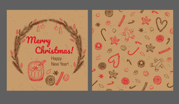 ilustrações de stock, clip art, desenhos animados e ícones de christmas, new year card template with fir-tree wreath, decorations, egg-nog and spices. brown and red, eco paper. vector illustration for winter and greeting card, poster, invitation, banner design. - new years eve christmas paper christmas fir tree