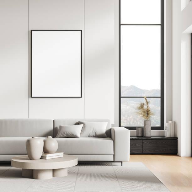 istock White home living room interior sideboard and couch near window, mockup frame 1917033706