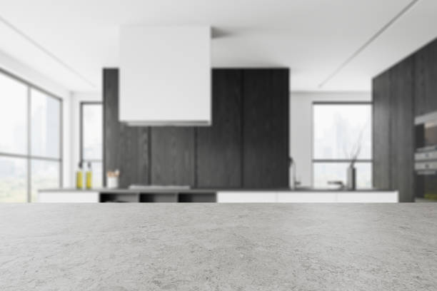 istock Grey stone table on background of kitchen interior with cabinet. Mockup 1917038546