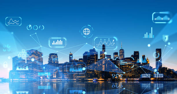 istock Night city panorama with network hologram 1917044326