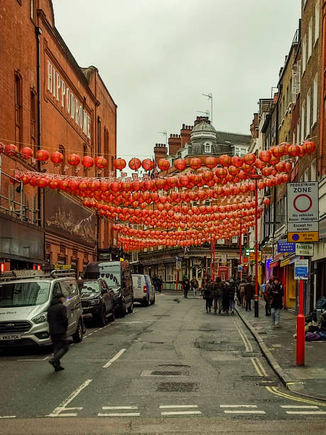 traditional colorfull christmas decoration at soho street of china town at london england uk - chinatown zdjęcia i obrazy z banku zdjęć