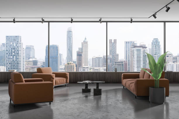 istock Panoramic living room interior with orange armchairs 1917046041