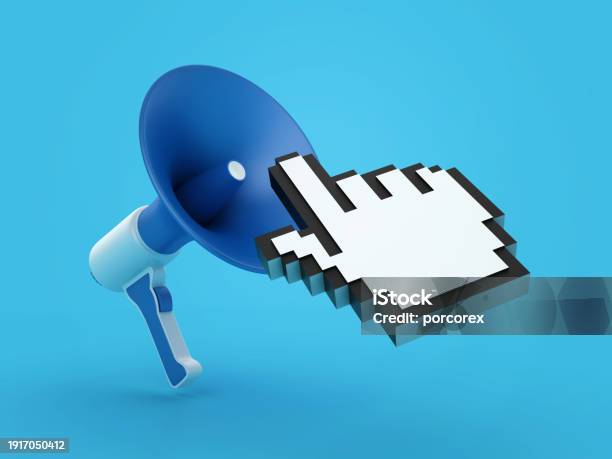 Hand Pointer Message Box Megaphone With Computer Hand Cursor Stock Photo - Download Image Now ...