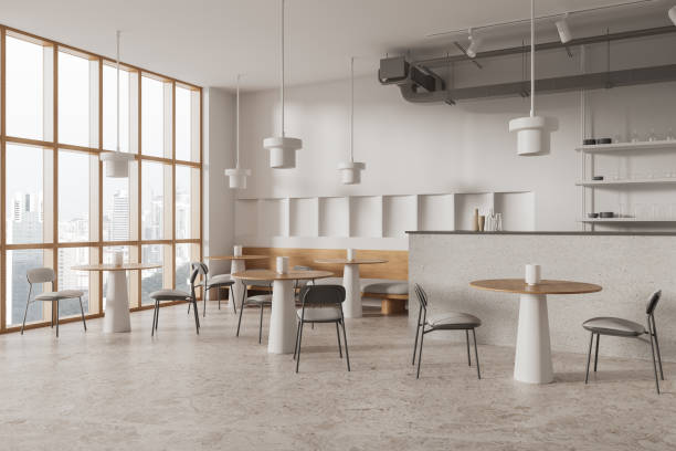 istock Luxury restaurant interior with bar island and eating table, panoramic window 1917050425