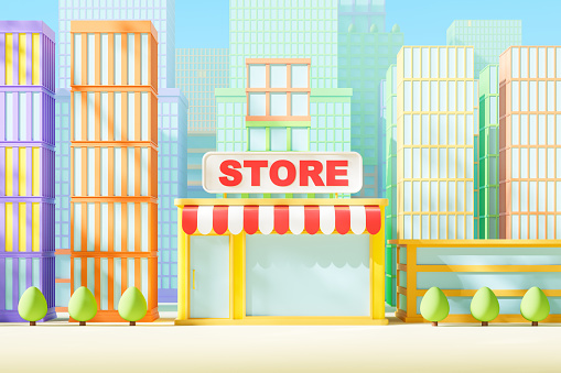 Cartoon store in city center, abstract business skyscrapers and trees. Small supermarket for citizens. Concept of shopping, local food and market. 3D rendering illustration