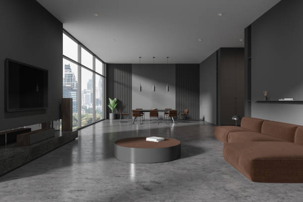 istock Grey home living room interior with eating and relax place, panoramic window 1917054262