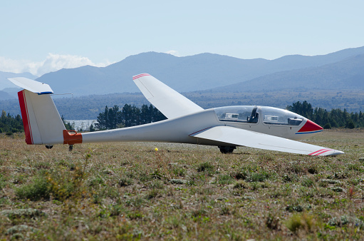 glider on the ground preparing to take off, ultralight at the bariloche aerodrome