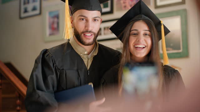 Home, graduation and students with smartphone, photograph and connection with internet, profile picture or university. Success, man or woman with cellphone, college or smile with education or picture