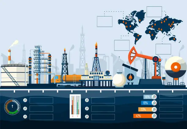 Vector illustration of Oil and Gas industry infographic with offshore oil rig, tanker, pump, transportation, factory and gas station. Vector illustration eps10