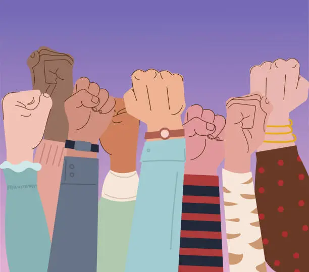 Vector illustration of hands up, equality and unity.