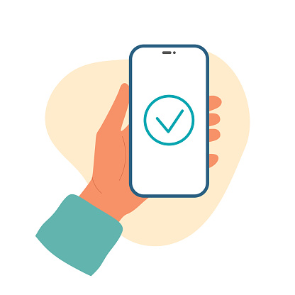 Hand holds a smartphone with approved payment checking mark on screen. Contactless online payment. Vector