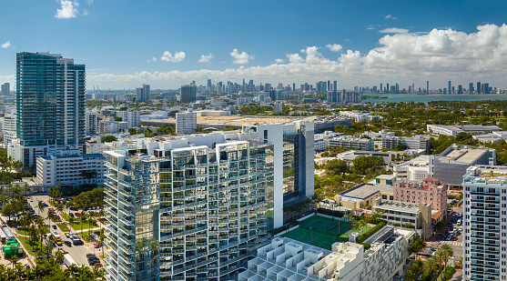 American southern architecture of Miami Beach. South Beach high luxurious hotels and apartment buildings. Tourist infrastructure in southern Florida, USA.
