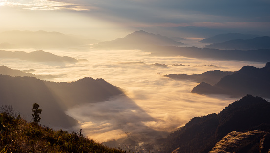 Sunrise and Mist mountain in Phu Chi Fa located in Chiang Rai, Thailand.