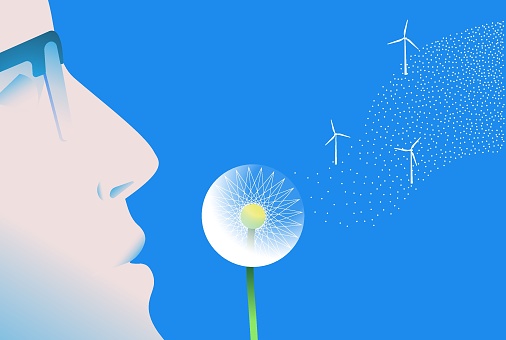 Man blowing on a dandellion and wind turbines as seeds. Green economy, alternative energy, sustainability concept. Vectr illustration.