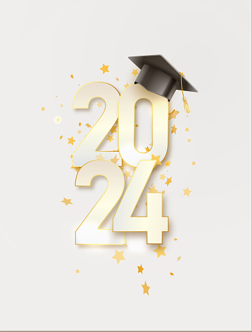 2024 Graduate college, high school or university cap with gold Congrats Class of 2024 background. Vector illustration