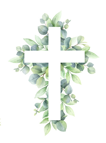 Christianity cross of green eucalyptus leaves. Easter catholic religious symbol.  Vector illustration for Epiphany, Christening, baptism, church and holidays.