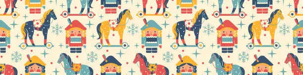 Vector illustration of Bright vintage Christmas seamless wallpaper. Kids Noel Nutcracker Fairy Tail. Flat style. Retro toy soldier with toy horse. Tile background for Christmas gift, wrapping paper, fabric.