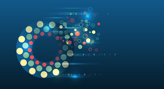 Data set analysis and visualization. Artificial intelligence, business analytics. An array of information in the form of a disk. Large data stream on a dark background, glowing lines and circles.