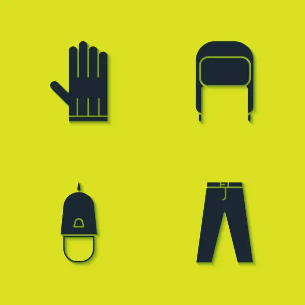 Vector illustration of Set Leather glove, Pants, Police cap with cockade and Winter hat ear flaps icon. Vector